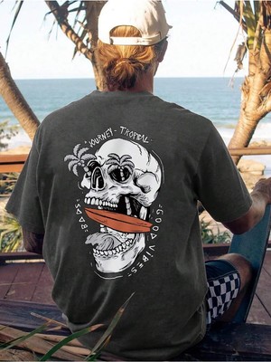 CC Collection Tropical Kafatası Baskılı Erkek Oversize T-Shirt