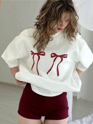 CC Collection Kadın Kurdele Renkli Özel Baskılı Oversize Pamuklu Bisiklet Yaka T-Shirt Tişört