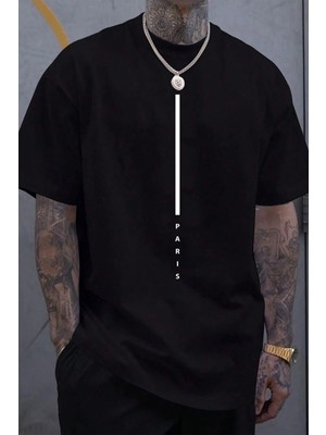 CC Collection Dikey Paris Baskılı Erkek Oversize T-Shirt