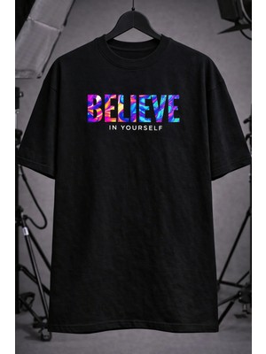 CC Collection Unisex Oversize Believe In Yourself Baskılı Siyah T-Shirt