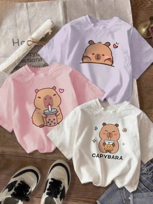 CC Collection Kız Çocuk Cappybara Baskılı 3'lü Set Nefes Alan Yazlık T-Shirt