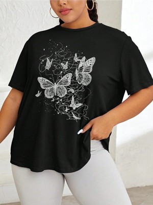 CC Collection Kadın Kelebek Baskılı Oversize T-Shirt Rahat ve Şık Tasarım