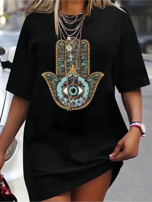 CC Collection Siyah Göz El Baskılı Kadın Oversize T-Shirt