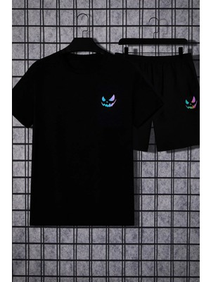 CC Collection Unisex Siyah Bermuda Siyah Şort Oversize Siyah T-Shirt Takım Yüz Baskılı
