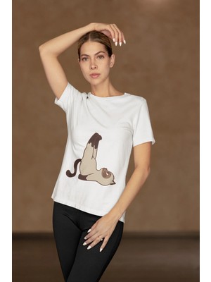 CC Collection Yoga Yapan Kedi Baskılı Kadın Oversize T-Shirt