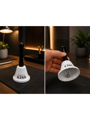 El Çanı Dekoratif Masa Zili – Ring For A Kiss Tasarımlı Romantik Hediye 13 cm Çan Zil  Beyaz