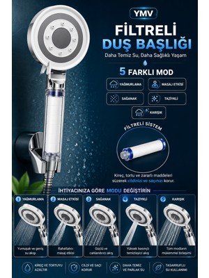 YMV 5 Fonksiyonlu Filtreli Duş Başlığı Kireç ve Klor Önleyici Yüksek Basınçlı Su Tasarruflu Banyo Duşu