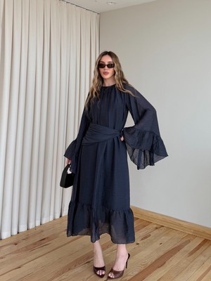 Laluvia Lacivert Şallı Büzgülü Elbise - 3404