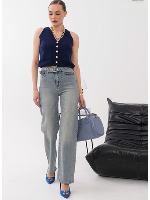 Budan Export Kadın Kemerli Yüksek Bel Wide Leg Vintage Kot Pantolon