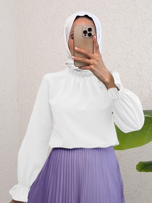 Moda Morfo Yakası Büzgülü Bluz  -Beyaz