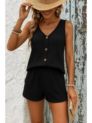 Pileli Store Pilelistore-  Askılı Kolsuz V Yakalı Önden Düğmeli Bürümcük Bluz ve Short Ikili Takım