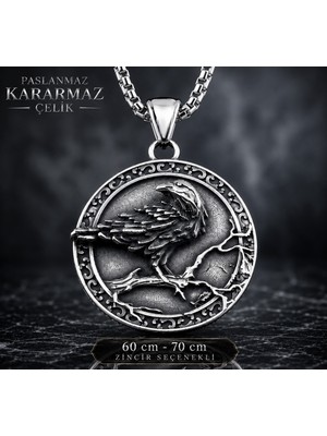 Voyage Accessory Paslanmaz Çelik Çift Taraflı Tasarım Vegvisir Rune Viking Kuzgun Kolye