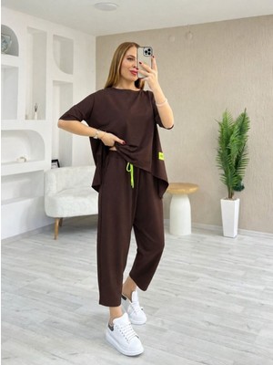Stelol Kadın Kısa Kollu Bisiklet Yaka Viskon Iki Iplik Bluz ve Pantolon Ikili Takım