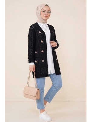 Moda Morfo Ajurlu Nakışlı Hırka -Siyah