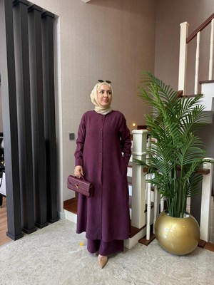 Esra Butik Şık ve Rahat Ipeksi Dokulu Lyocell Tesettür Takım Mürdüm