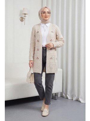 Moda Morfo Ajurlu Nakışlı Hırka  -Taş