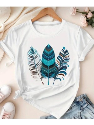 Nigrum Pardus Nıgrum Pardus Yeni Sezon Turkuaz Mavi Tüyler Baskılı %100 Pamuk Büyük Beden Kadın T-Shirt
