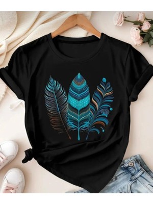 Nigrum Pardus Nıgrum Pardus Yeni Sezon Turkuaz Mavi Tüyler Baskılı %100 Pamuk Büyük Beden Kadın T-Shirt