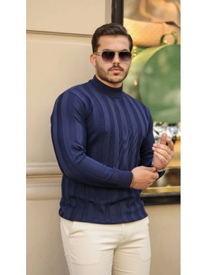 Pileli Store Pilelistore-  Yarım Balıkçı Yaka Kabartma Desenli Triko
