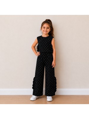 Utaher Miniwear Kız Çocuk Siyah Puantiyeli Fırfır Detaylı Takım