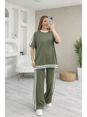 Efnaz Style Kadın Kısa Kollu Bisiklet Yaka Çift Renk Şerit Detaylı Viskon Iki Iplik Bluz ve Pantolon Ikili Takım