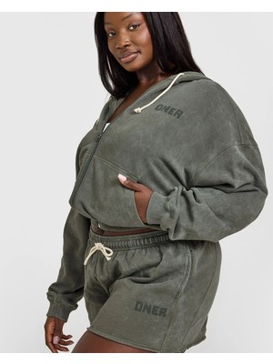 Oner Active Oner Actıve Washed Khaki Crop Kapüşonlu Sweatshirt