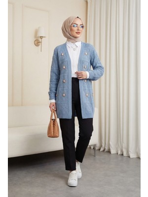Moda Morfo Ajurlu Nakışlı Hırka -Mavi
