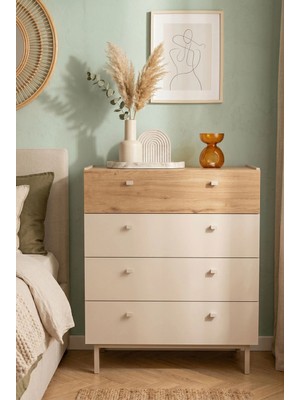 Robin Home Rhode Geniş Şifonyer 4 Çekmeceli Ahşap Ayaklı Kumsal-Sepet