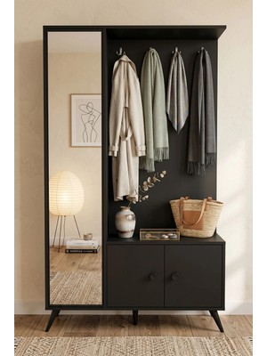 Robin Home Aynalı Vestiyer Portmanto Ayakkabılık Ahşap Ayak Siyah AR65
