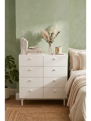 Robin Home Rhode Geniş Şifonyer 8 Çekmeceli Ahşap Ayaklı Beyaz