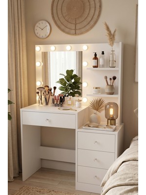 Robin Home Hollywood Makyaj Masası 4 Çekmeceli Düzenleyici Hollywood LED Işıklı Raflı Beyaz