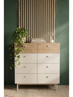 Robin Home Robinhome Rhode Geniş Şifonyer 8 Çekmeceli Ahşap Ayaklı Kumsal-Sepet