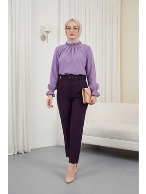 Moda Morfo Yakası Büzgülü Bluz -Lila