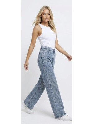 Blue Da Kadın Taşlı Kot Pantolon Yüksek Bel Bolpaça