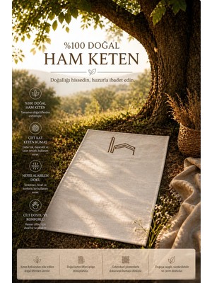 %100 Doğal Ham Keten Kabe Nakışlı Tekli Seccade 70X110 cm Tesbih Hediyeli