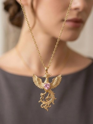 Wind Silver Anka Kuşu Pembe Kalp Taşlı Kolye