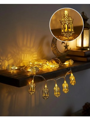 Svoria Store Pilli Ramazan Işıkları Altın Renk Fener Figürlü LED Süsleme