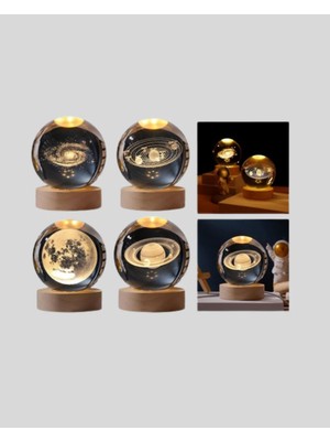 Svoria Store Satürn Desenli Kristal Küre LED Gece Lambası Ahşap Standlı