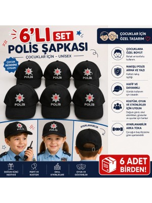 Skycott 6'lı Unisex Çocuk Polis Şapkası Seti Nakışlı Siyah Şapka  Ayarlanabilir