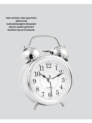Svoria Store Alarmlı Dekoratif Yuvarlak Masa Saati Gümüş Renk Sessiz ve Işıklı