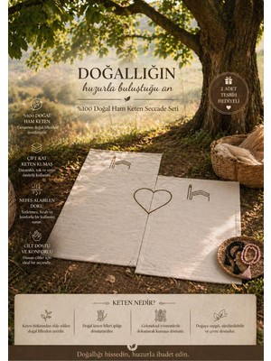 %100 Doğal Ham Keten Kabe ve Kalp Nakışlı Gelin Damat  Çift Seccade Takımı 70X110 cm