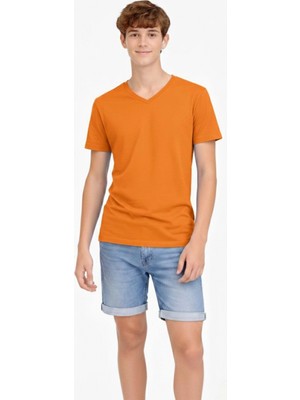 Pileli Store Genç  Çocuk V Yaka Tişört Model - Turuncu