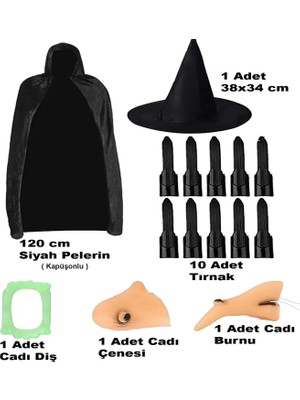 Svoria Store Siyah Kapüşonlu Pelerin 120 cm Tırnaklar Diş Çene Burun ve Şapka Seti