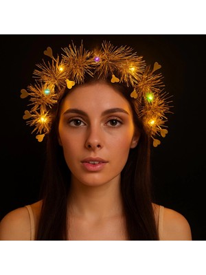 Svoria Store Kalp Püsküllü Gece Parıltısı 3 Modlu LED39LI Işıklı Taç Altın Renk