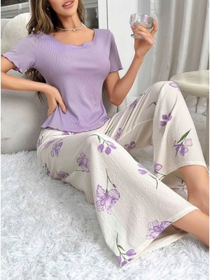 Pileli Store  Mor Çiçek Desenli Yumuşak Pamuklu Uzun Pijama Takımı 5133