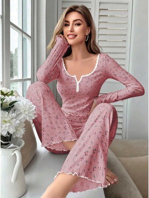 Pileli Store  Çiçek Desenli Yumuşak Pamuklu Uzun Pijama Takımı 5132
