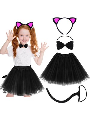 Svoria Store Kedi Kulak Taç Etek Kuyruk ve Papyon 4 Lü Set Çocuk Fuşya