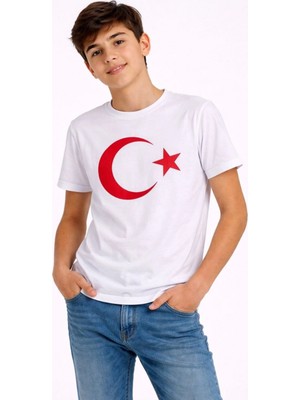 Pileli Store  Çocuk Tişört Bisiklet Yaka Ay Yıldız Bayrak Baskılı T-Shirt - Beyaz