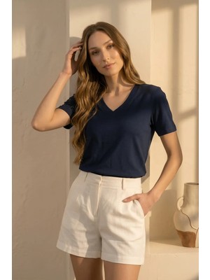Passion Moda Evi Pamuklu V Yaka Basic Tshirt