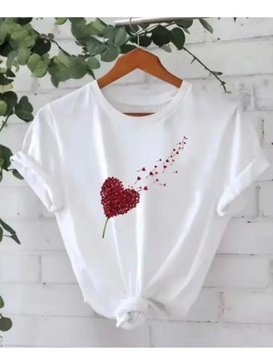 Nigrum Pardus Nıgrum Pardus Yeni Sezon Kırmızı Kalp Yaprakları Baskılı %100 Pamuk Büyük Beden Kadın T-Shirt